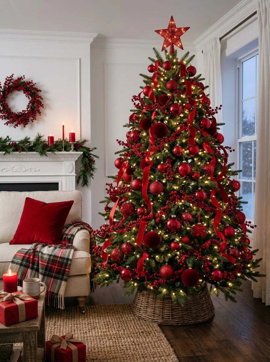 Christmas tree decorated with red ornaments, berry garlands, ribbon streamers, and warm lights beside a fireplace.