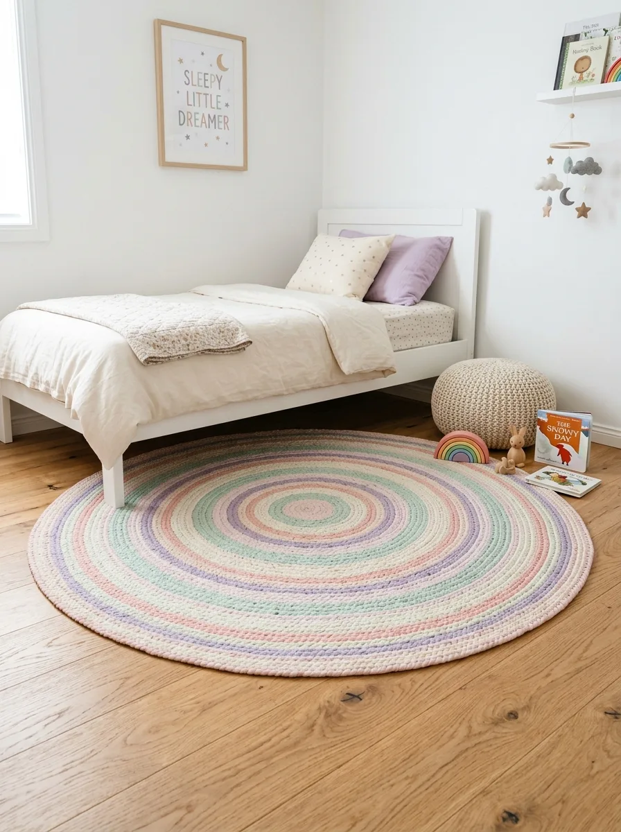 Large round rainbow stripe rug in blush and mint under a white bed in a bright airy kids bedroom