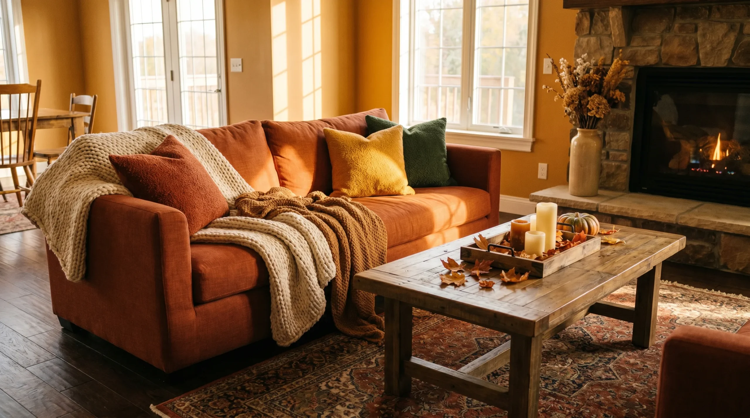 Warm living room featuring a rust orange sofa, knit throws, accent pillows, wooden coffee table, and stone fireplace.