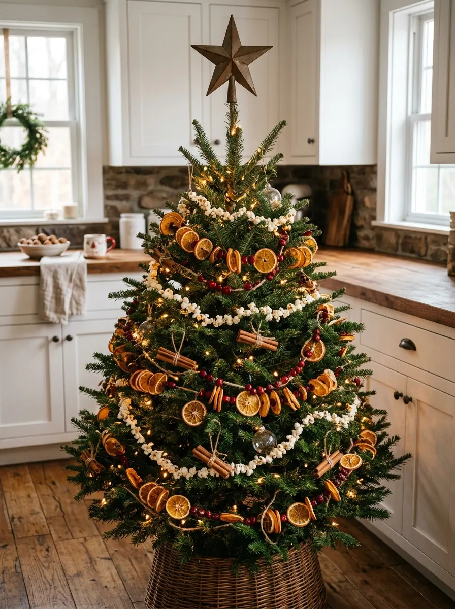 Rustic Christmas tree decorated with dried orange slices, cinnamon sticks, berry garlands, and warm string lights.