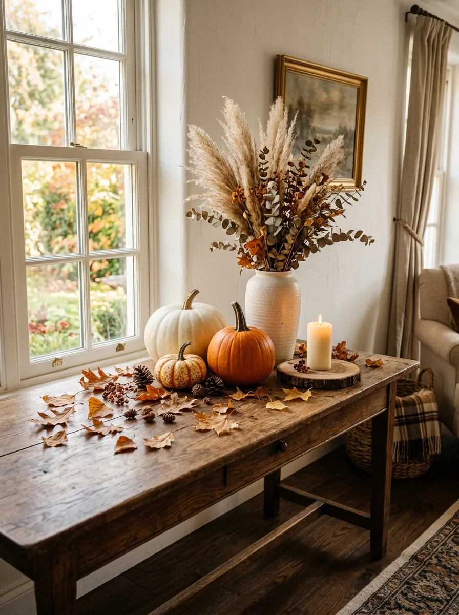 Wood console table decorated with pumpkins, dried arrangements, candle, scattered leaves, and autumn accents.