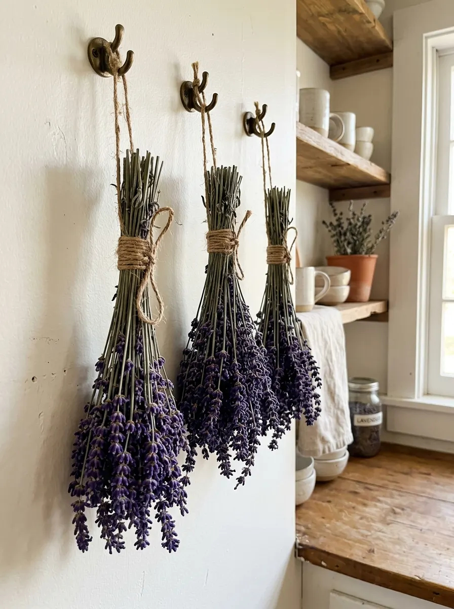 Dried lavender bundles tied with twine hanging on wall hooks beside rustic wooden shelves and pottery.
