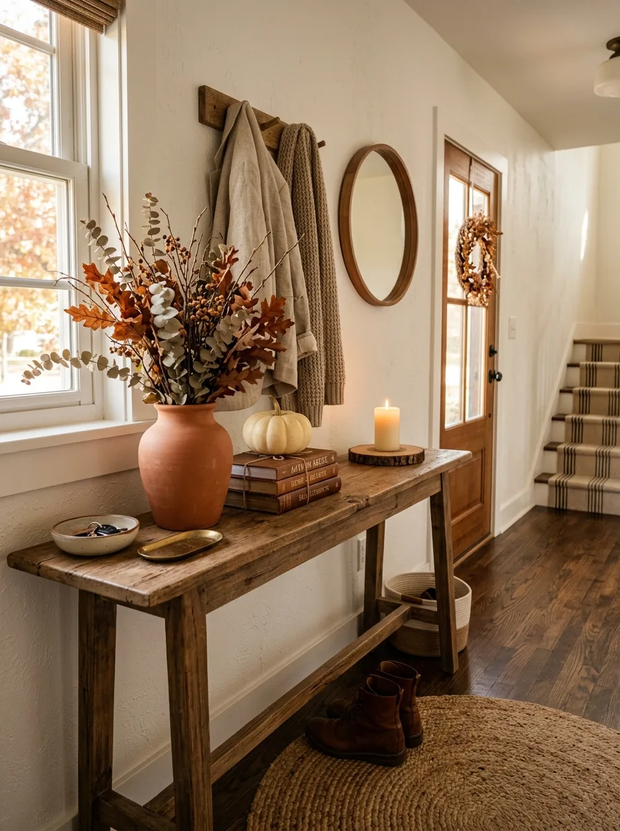 Wood console table decorated with seasonal branches, candle, books, pumpkin, woven rug, and warm entryway styling.