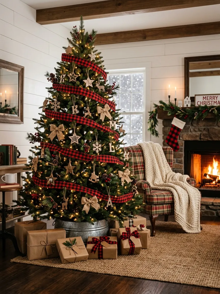 Traditional Christmas tree wrapped in red plaid ribbon with rustic ornaments and gifts beside a stone fireplace.