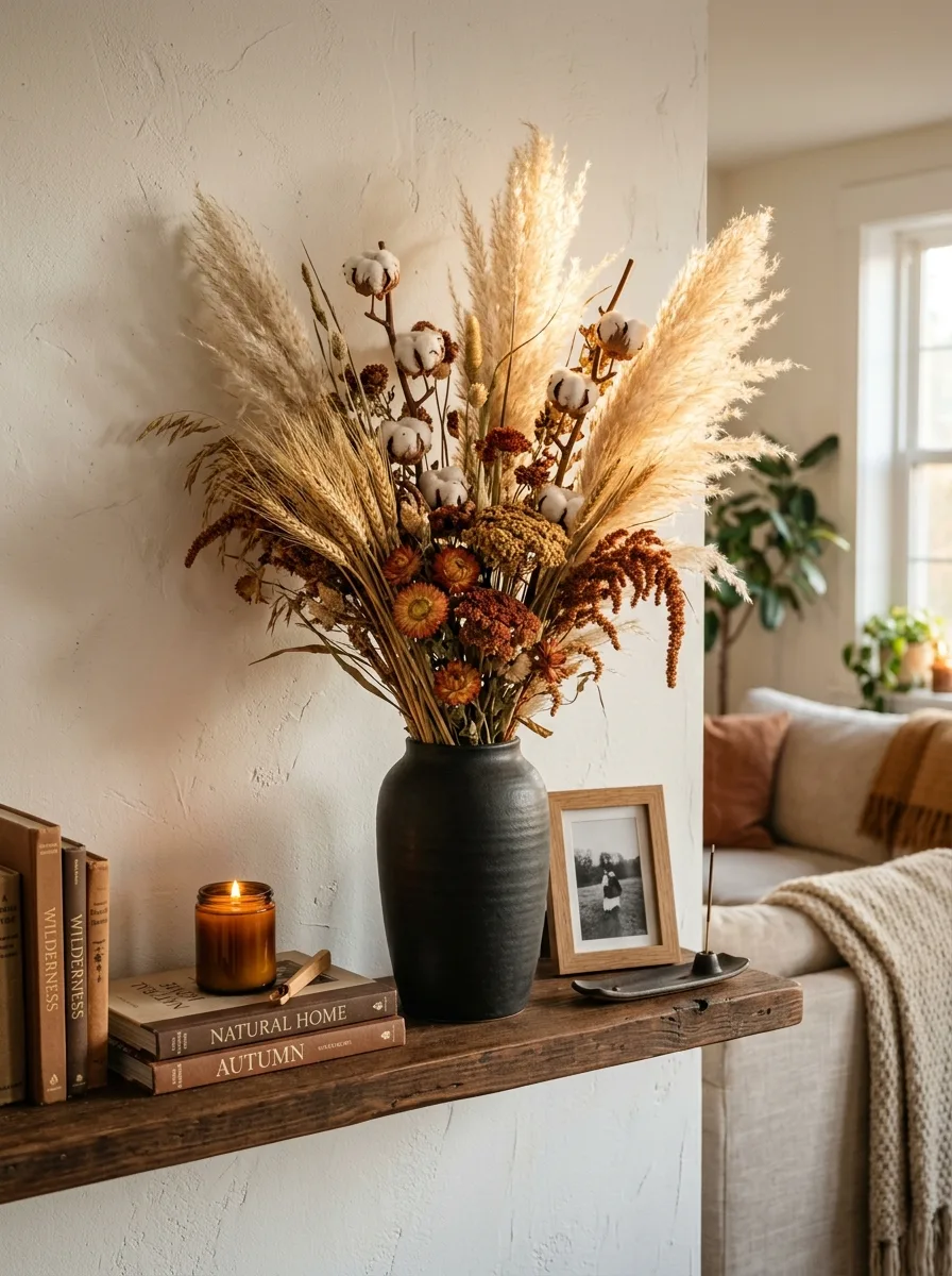 Wooden shelf featuring dried grasses, cotton stems, books, candle, framed photo, and neutral living room decor.