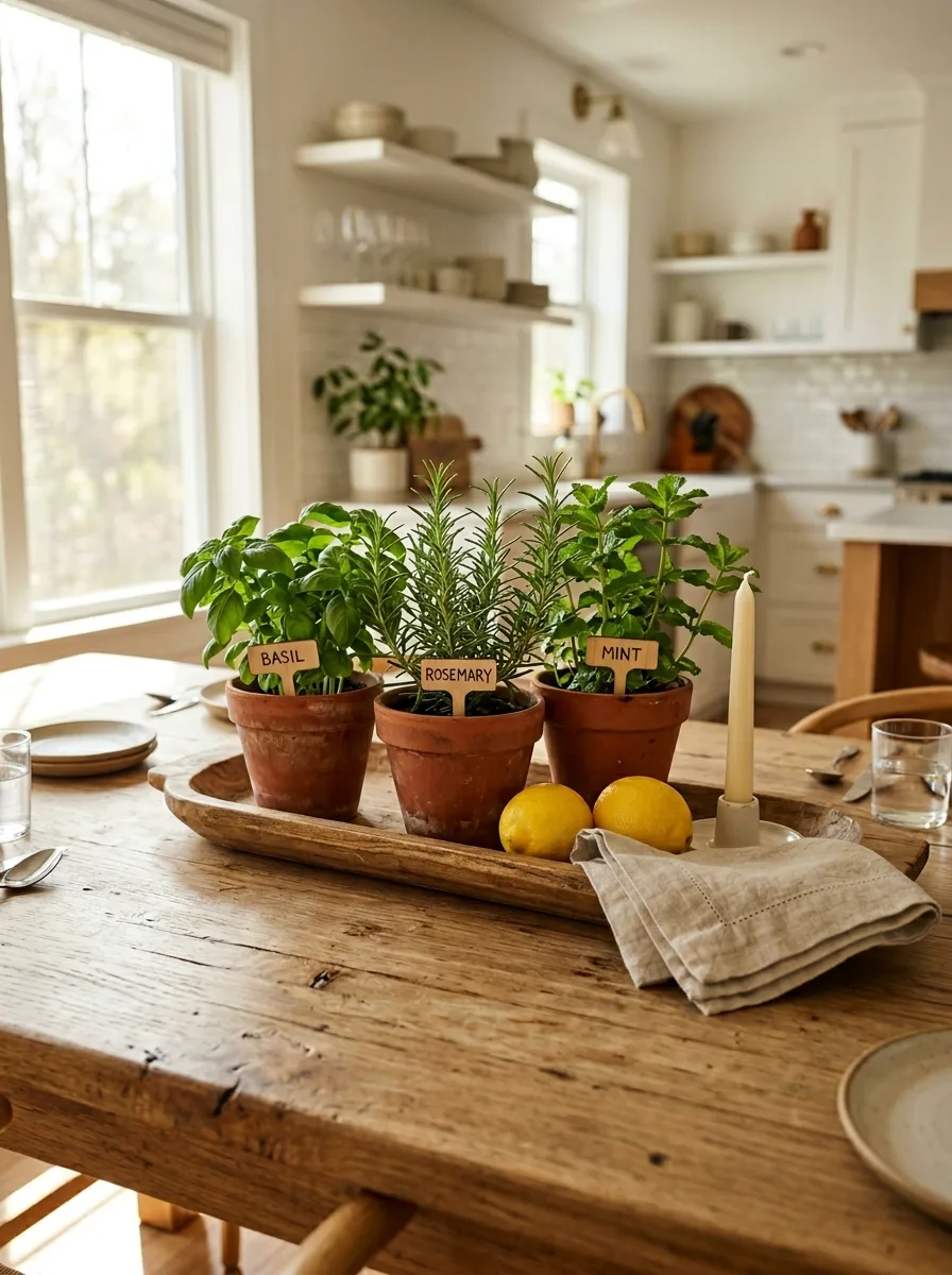 Farmhouse dining table decorated with potted basil, rosemary, mint, lemons, linen napkin, and candle centerpiece.