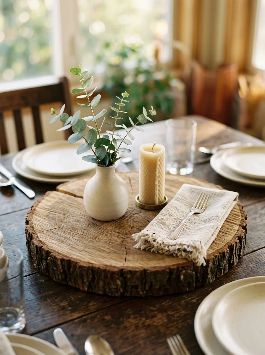Dining table styled with a wood slice centerpiece, ceramic vase, candle, linen napkin, and neutral tableware.