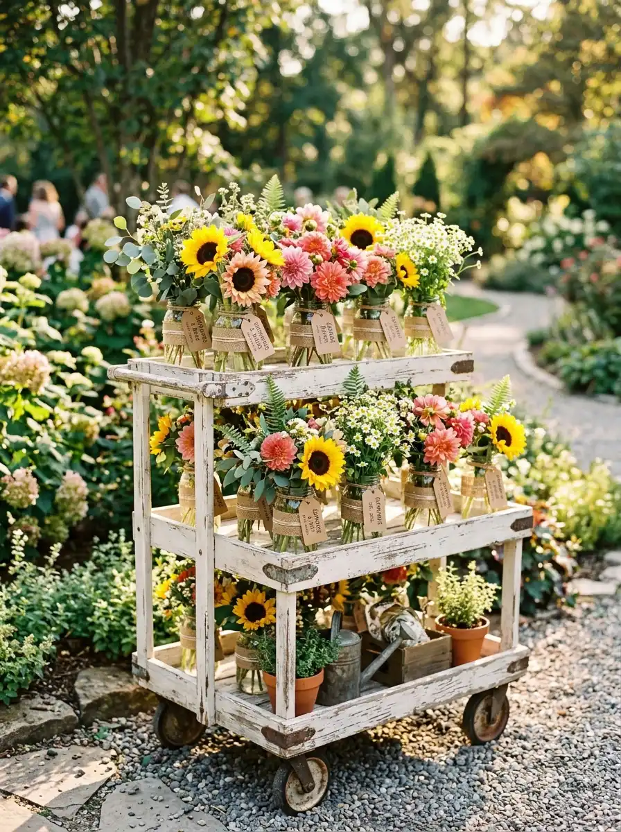 A distressed white wooden cart displaying flower bar ideas with sunflowers and pink dahlias in mason jars outdoors