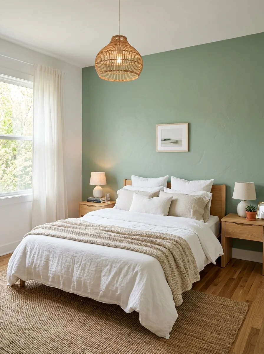 Bedroom featuring a sage green accent wall, white bedding, wood nightstands, woven pendant light, and jute rug.