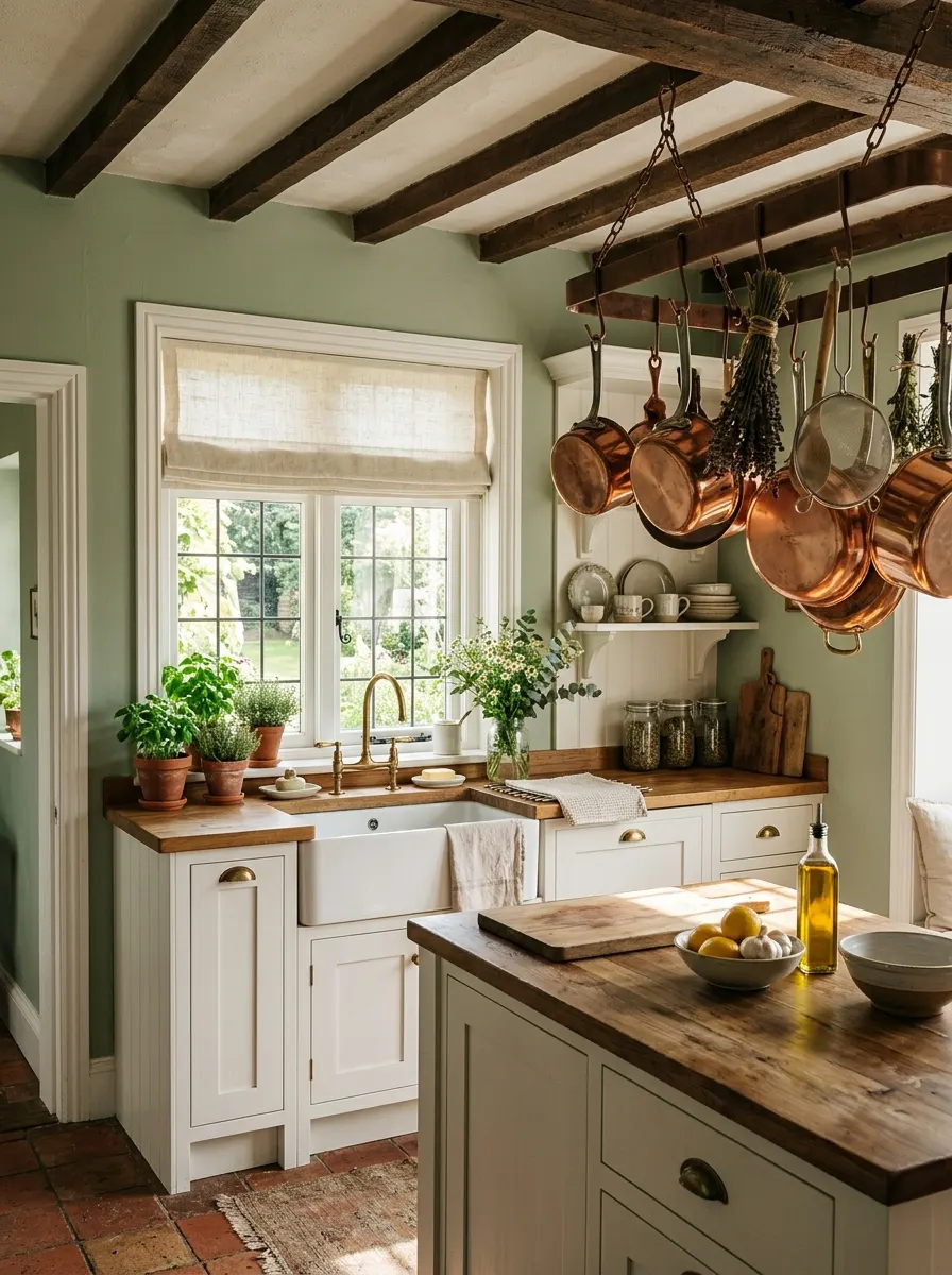 Soft sage green kitchen walls with white trim and copper accents warm earthy kitchen tones