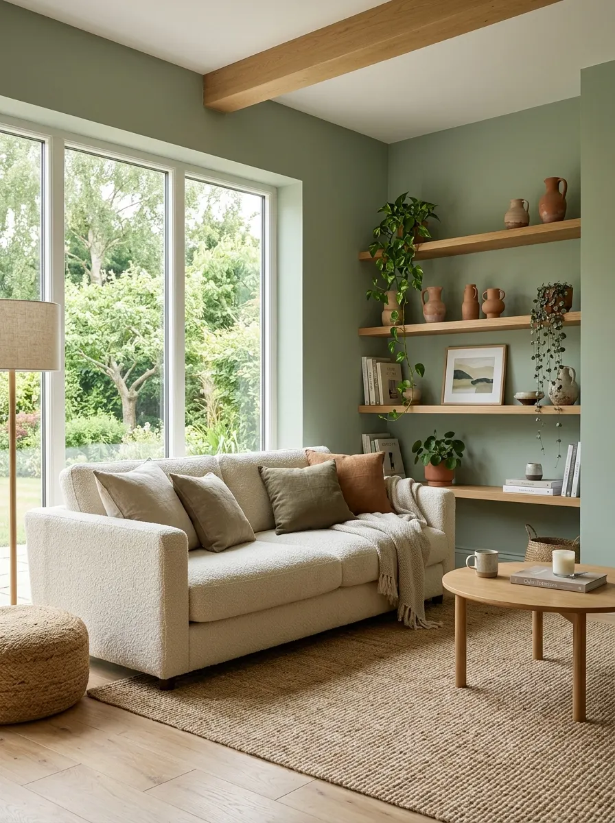 Sage green painted living room walls with cream bouclé sofa, sisal rug, and trailing plants