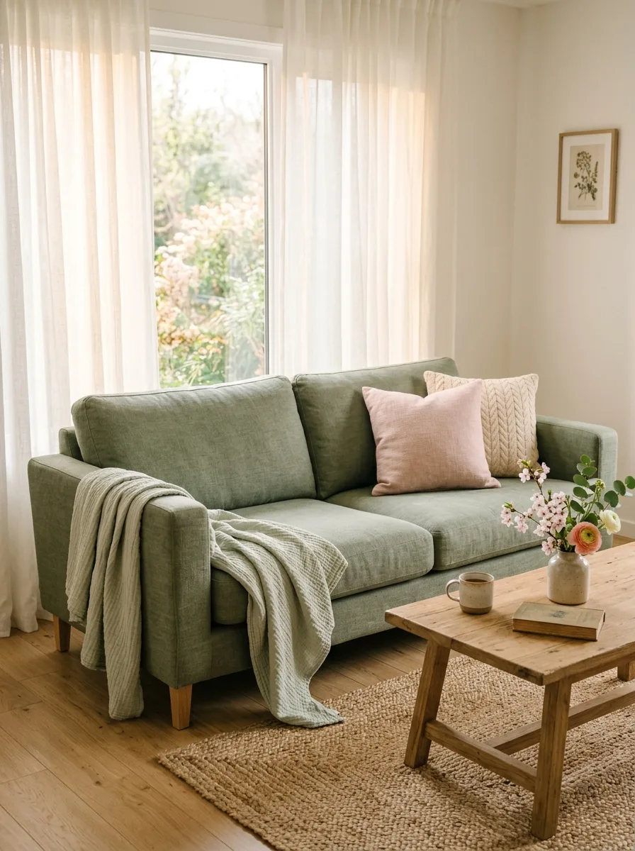 Sage green sofa decorated with neutral pillows and throw blanket beside a rustic wood coffee table.