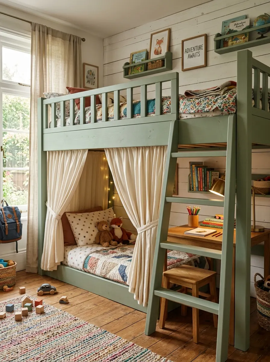 Sage green wooden bunk bed with privacy curtain and built-in desk in a warm kids bedroom setting