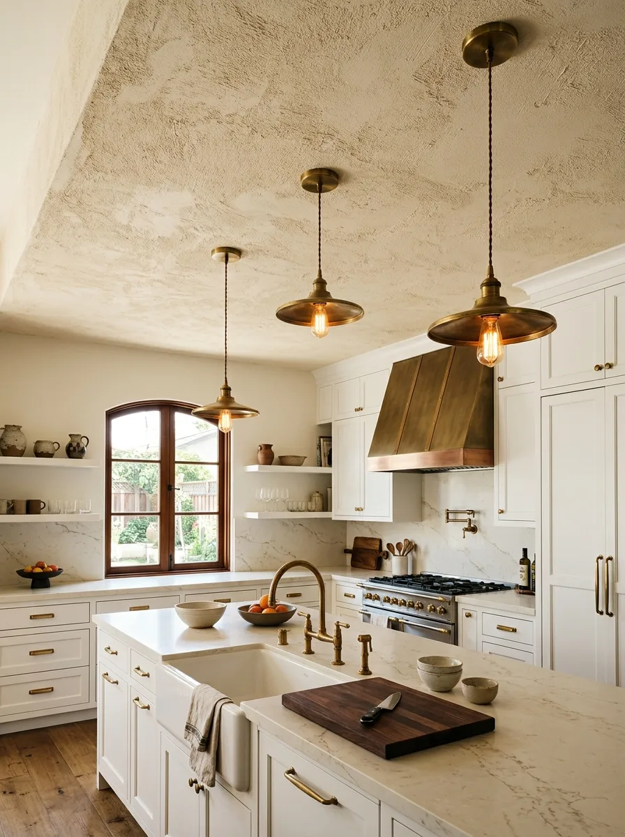 Warm ivory sand plaster kitchen ceiling with antique brass pendant lights