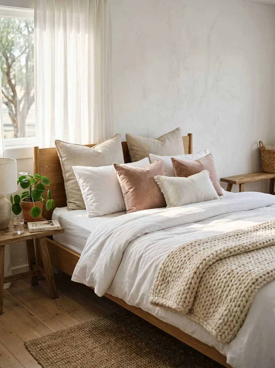 Scandinavian-style bedroom with a wooden bed frame, white linen bedding, textured throw blanket, and layered neutral pillows.