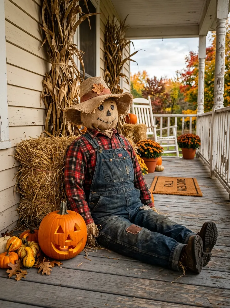 Seated scarecrow decoration surrounded by pumpkins, hay bales, mums, and rustic harvest porch accents.