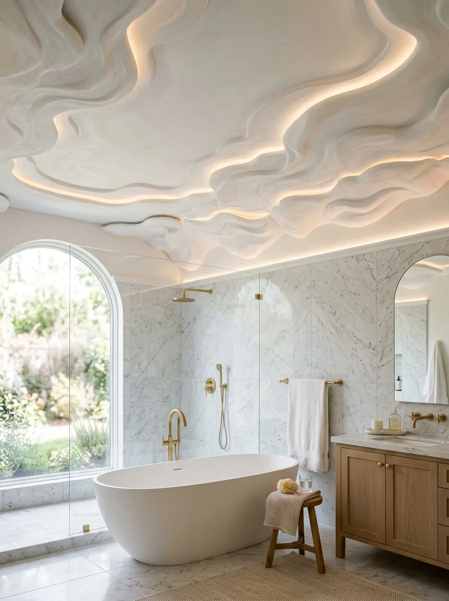 A luxury bathroom with a three-dimensional white plaster cloud ceiling relief and recessed lighting as a sculptural ceiling design idea