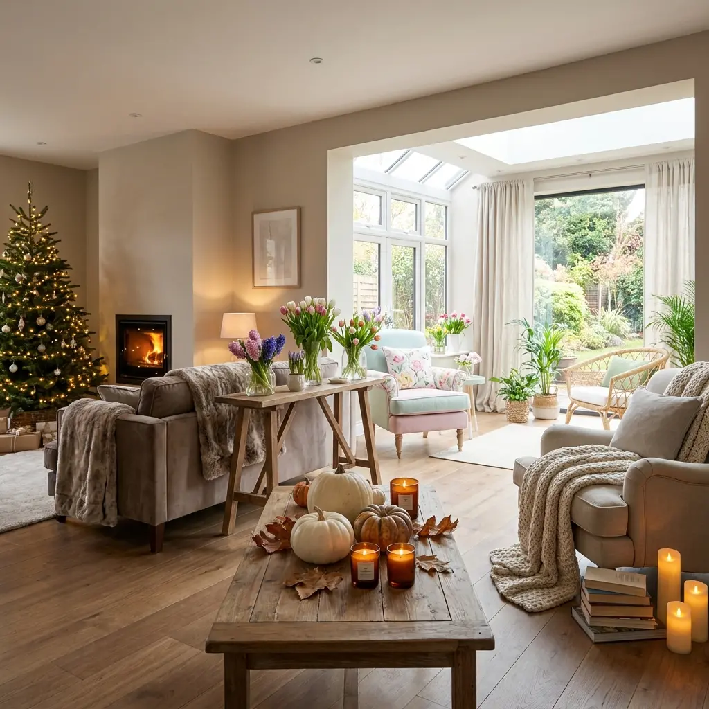 Seasonal Living Room Decor with Fireplace and Fresh Flowers