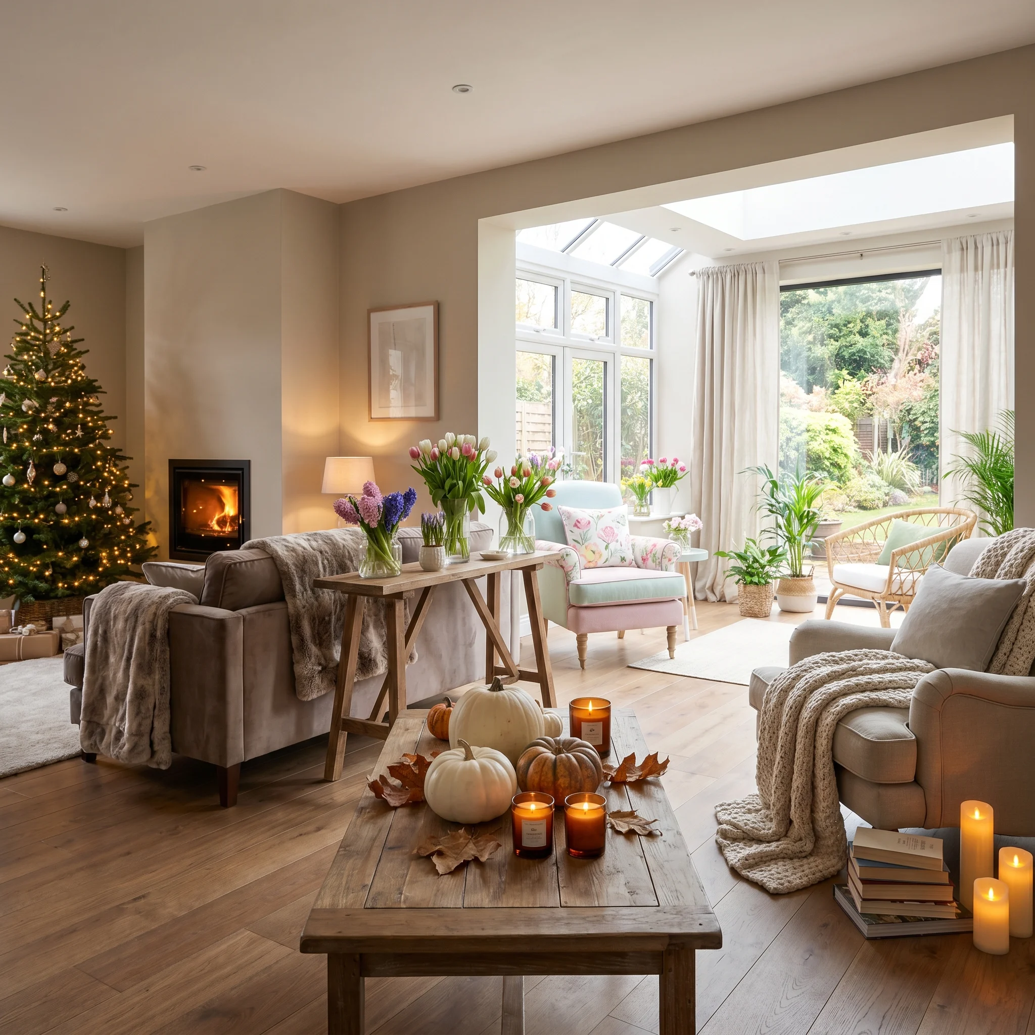 Seasonal Living Room Decor with Fireplace and Fresh Flowers