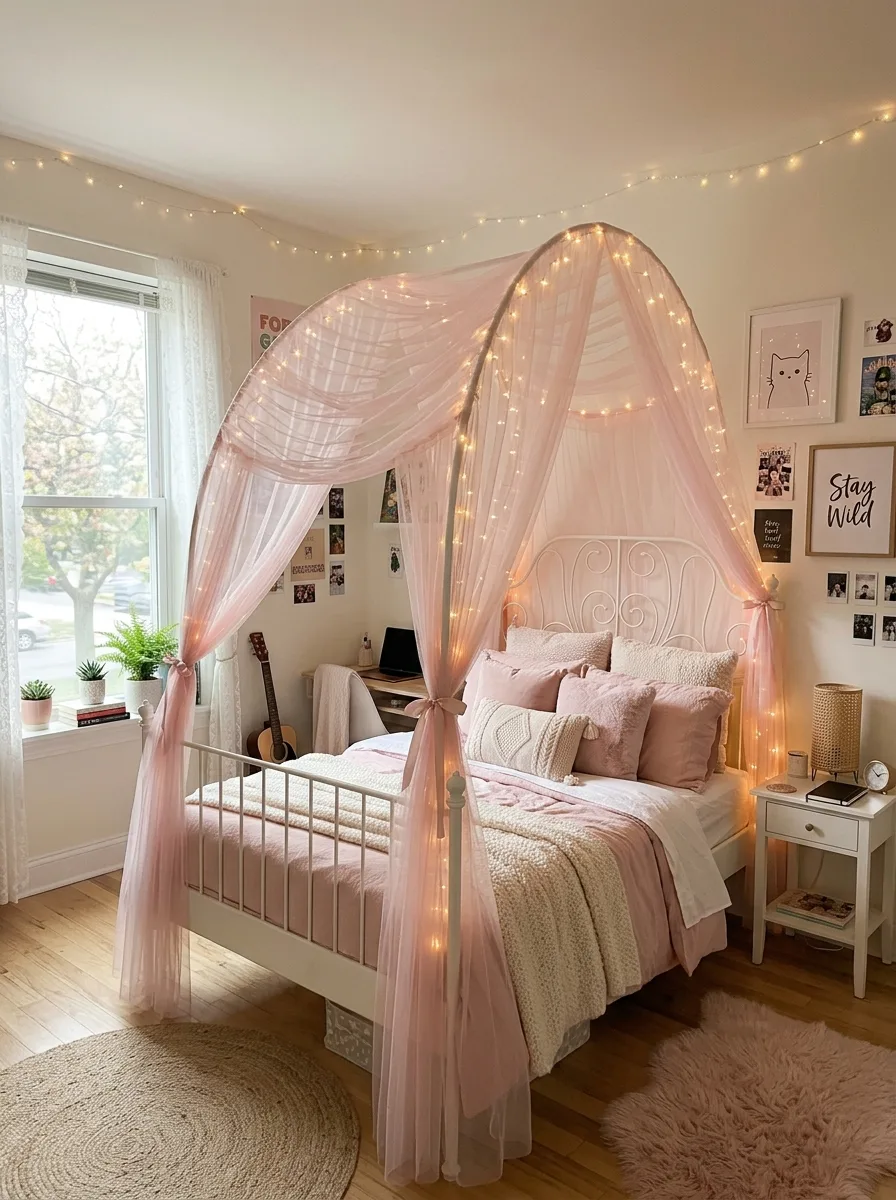 White metal teen bedroom bed with sheer pink tulle canopy draped overhead and fairy lights woven through above pastel pillows