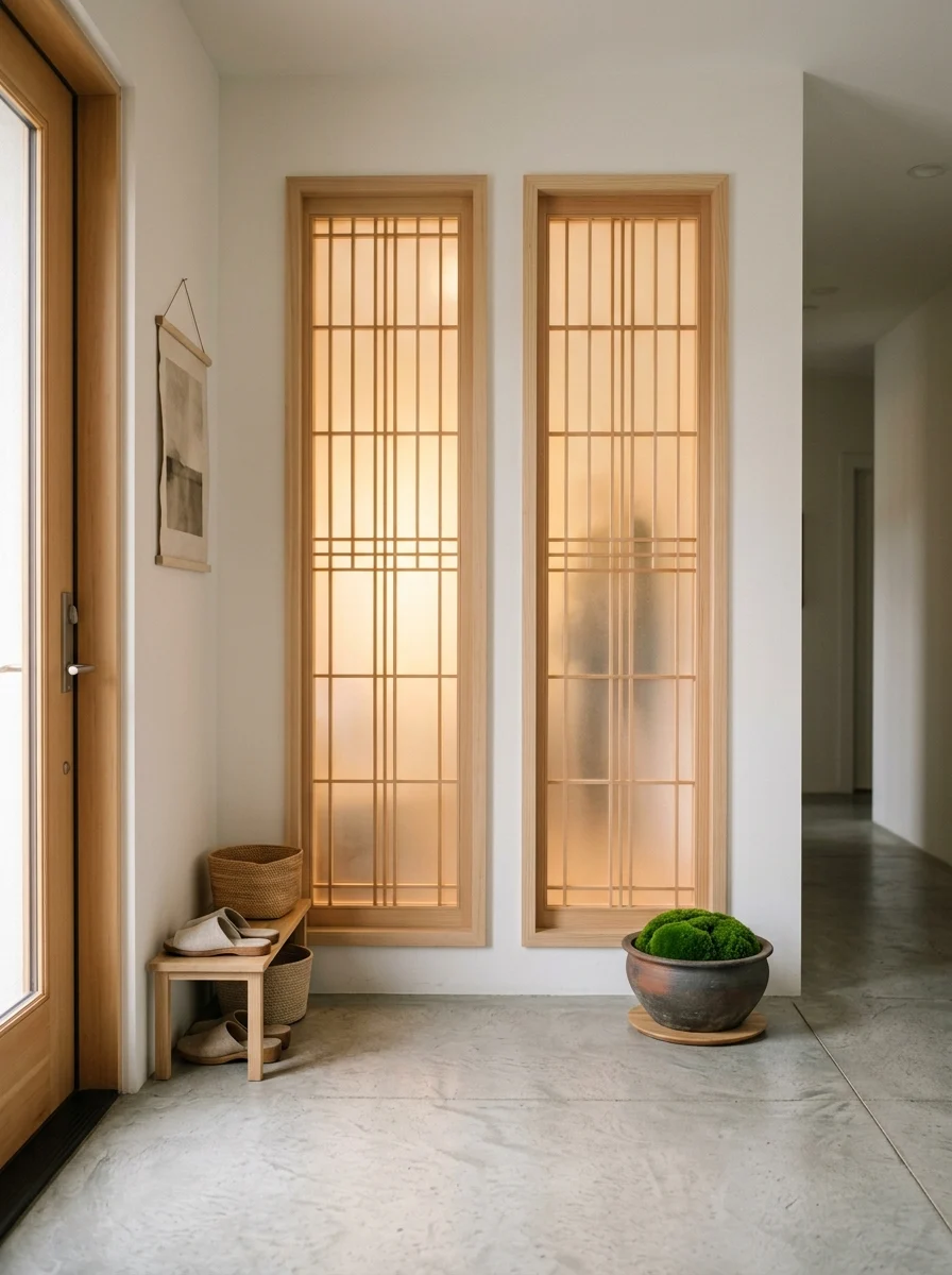 Japandi foyer ideas with shoji-inspired frosted glass panels, moss ball in clay pot and warm glowing ambient light