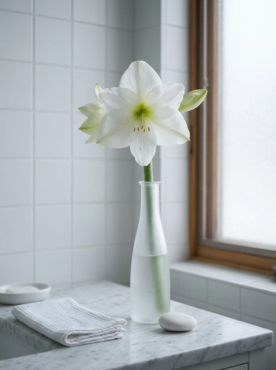 Minimal white amaryllis flower displayed in a frosted glass bud vase on a marble bathroom countertop.