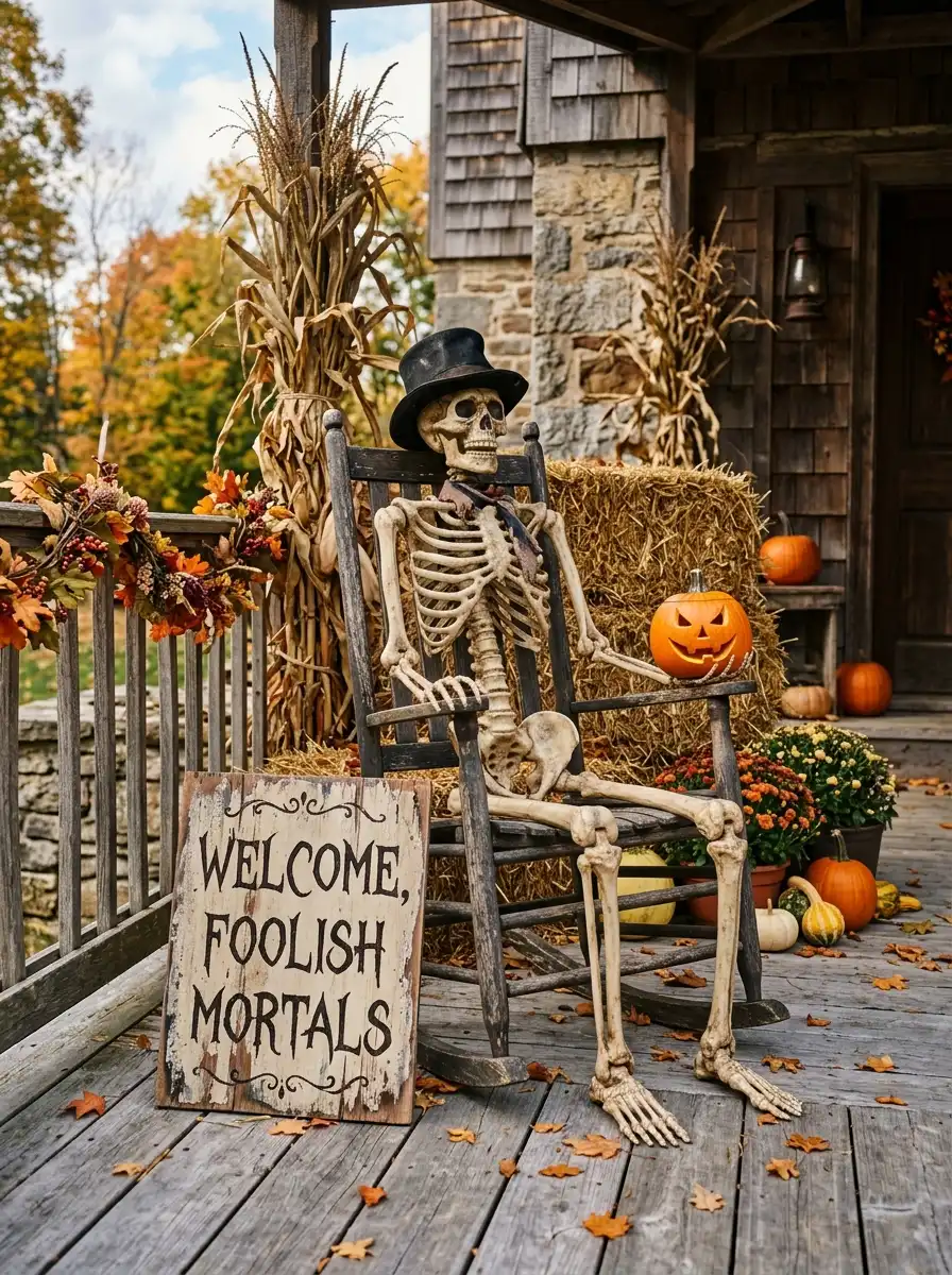Skeleton figure seated in a rocking chair beside pumpkins, hay bales, mums, and autumn porch decorations.
