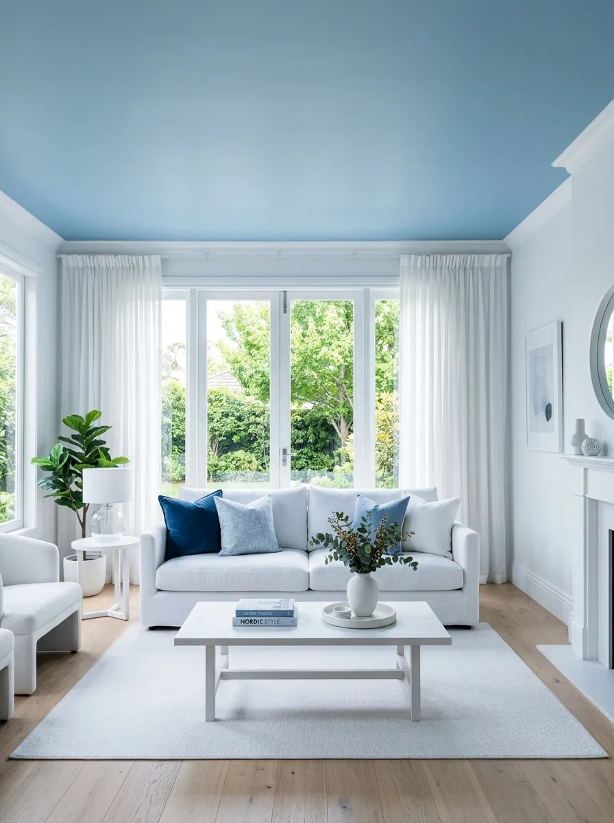 Soft sky blue painted ceiling in a white living room for a dramatic blue and white living room ideas effect