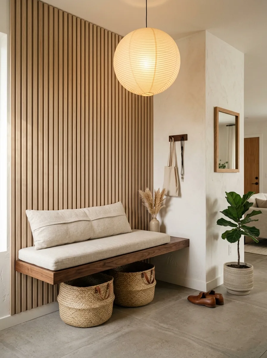 Japandi entryway decor with vertical oak slats, walnut floating bench, woven baskets and paper lantern pendant