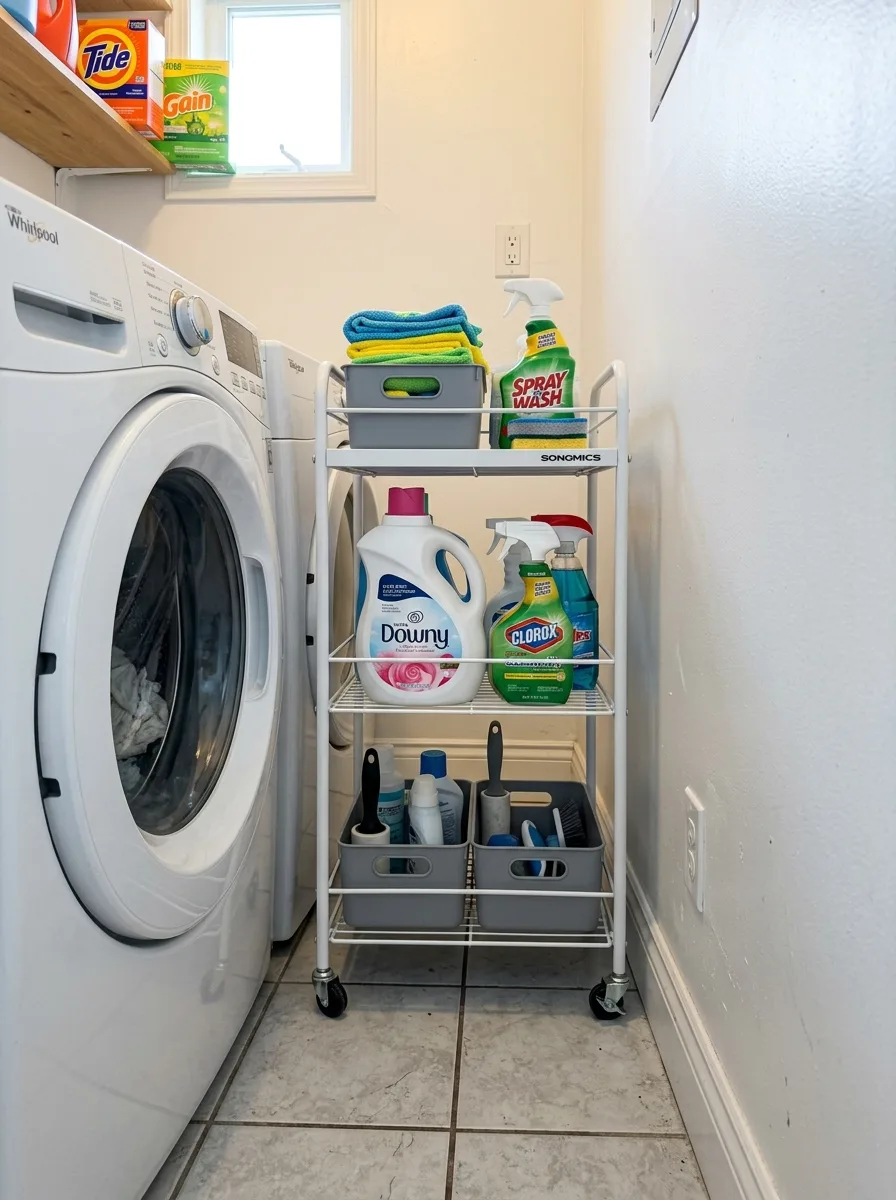 White slim rolling cart with bins tucked between washer and laundry room wall — small washer dryer room solutions