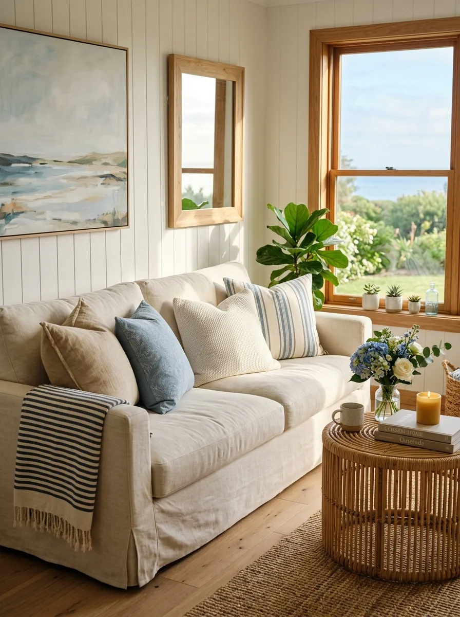 Coastal-inspired living room featuring a slipcovered sofa, striped cushions, wood accents, and sunlit windows.