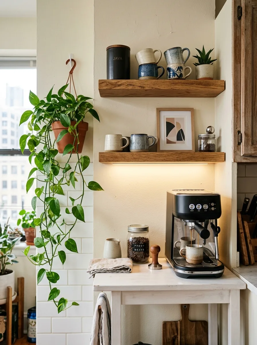 Compact apartment coffee nook with slim espresso machine, floating shelves, ceramic mugs, and warm LED lighting.