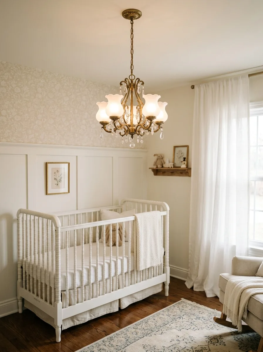 14 French-Inspired Nursery Ideas That Never Feel Outdated 9 Ornate white chandelier above a white crib in an elegant French-inspired nursery decor room