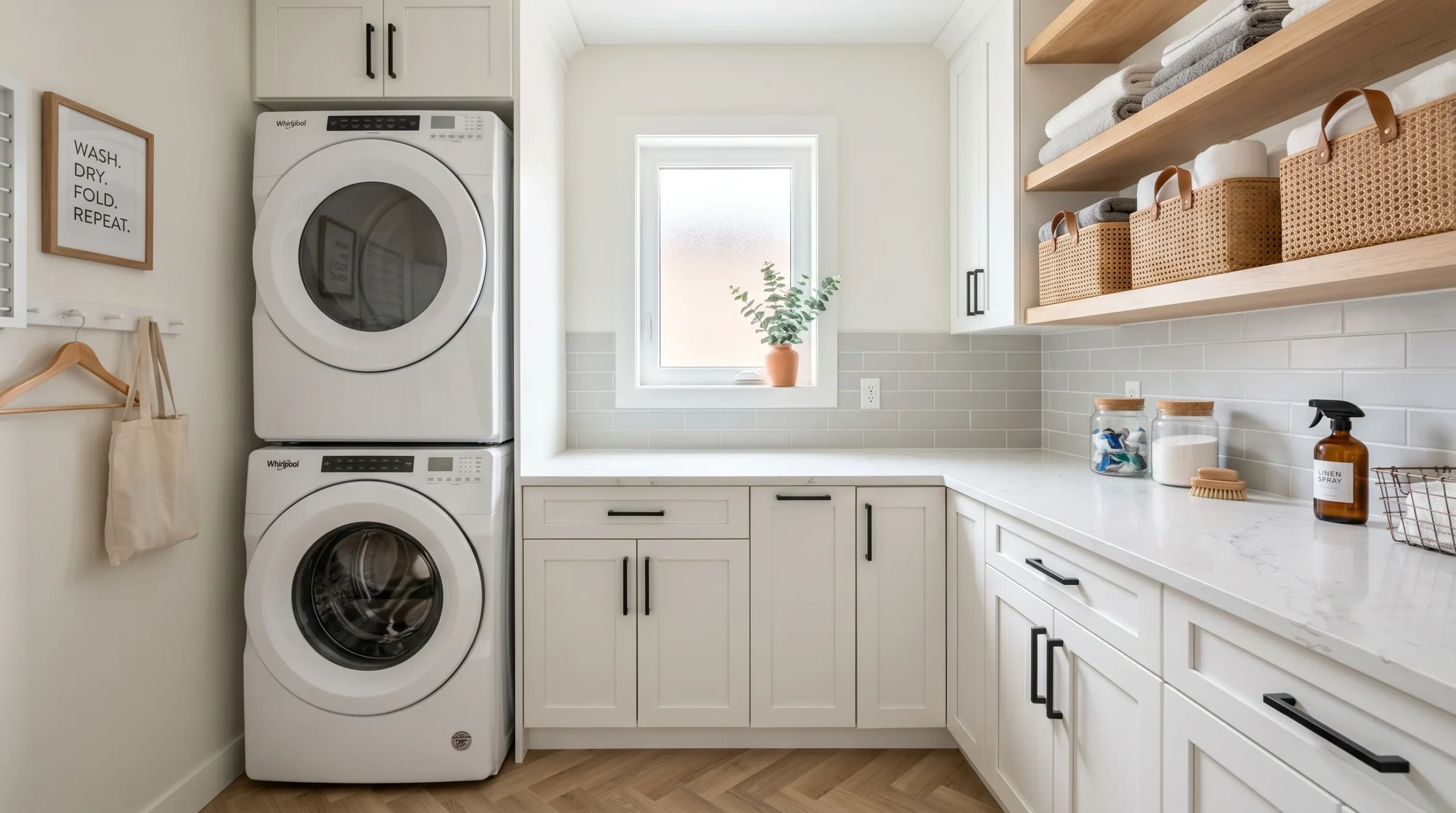 Bright compact laundry room with white cabinets, stacked washer dryer, and woven baskets — small laundry room ideas