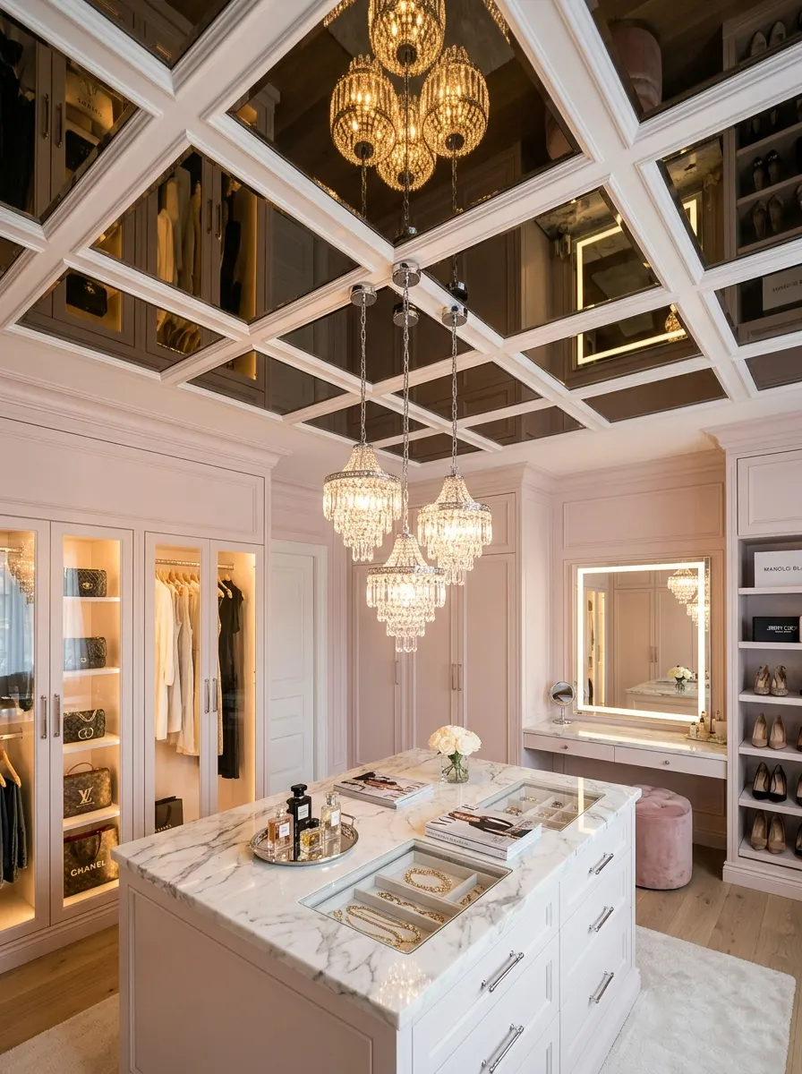 A glamorous dressing room with smoked mirror ceiling panels set in white frames as a luxurious ceiling design idea