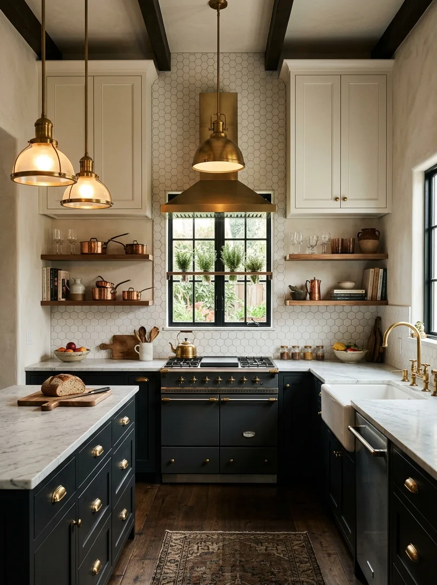 Soft charcoal black lower kitchen cabinets with white uppers and brass fixtures