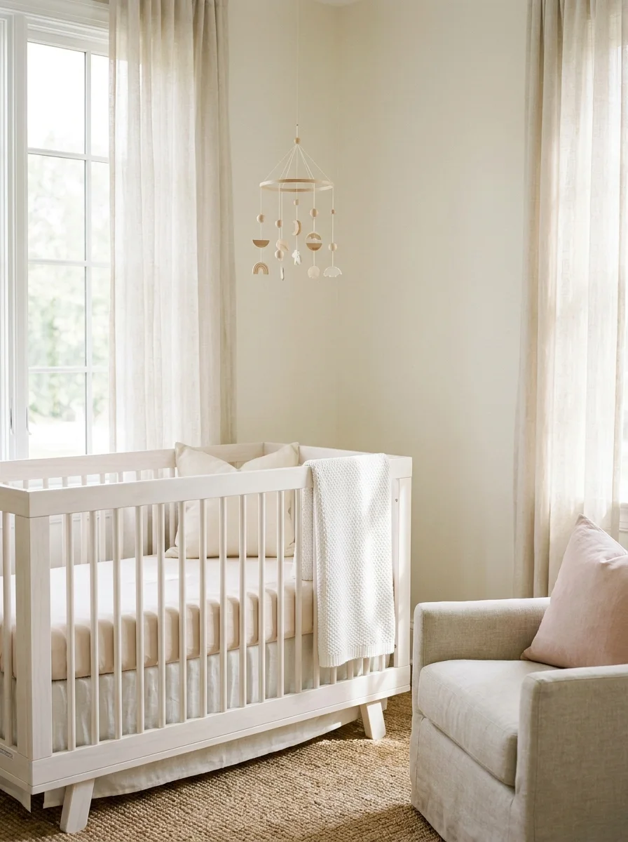 14 French-Inspired Nursery Ideas That Never Feel Outdated 1 Ivory-painted nursery walls with white wooden crib and cream bedding of soft French nursery décor style