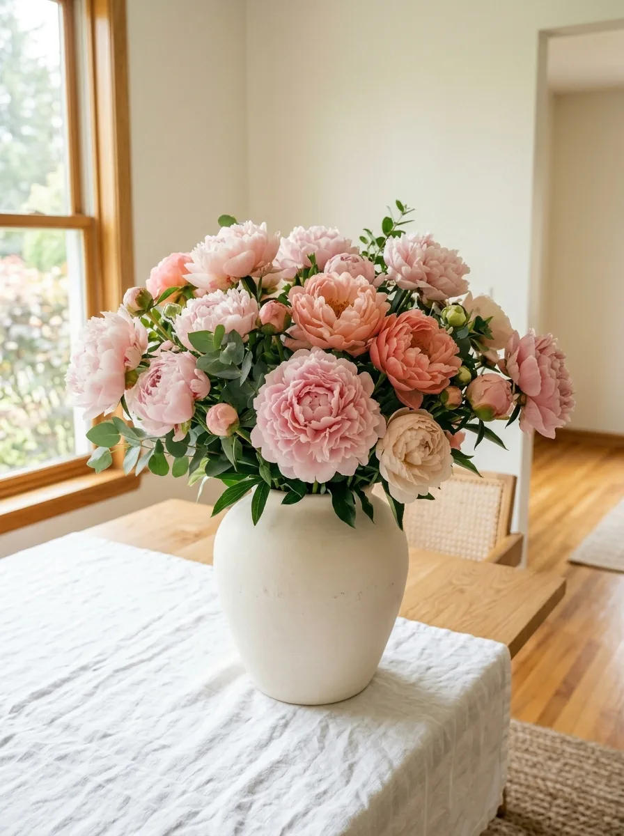 Large bouquet of soft pink peonies and greenery displayed in a cream ceramic vase on a linen-covered dining table.