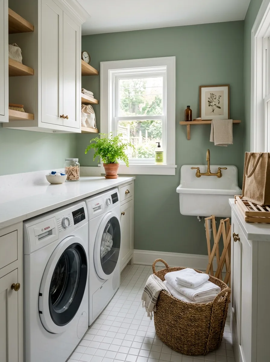 Small laundry room with sage green walls, white appliances, and brass hardware — compact laundry room design with light colors