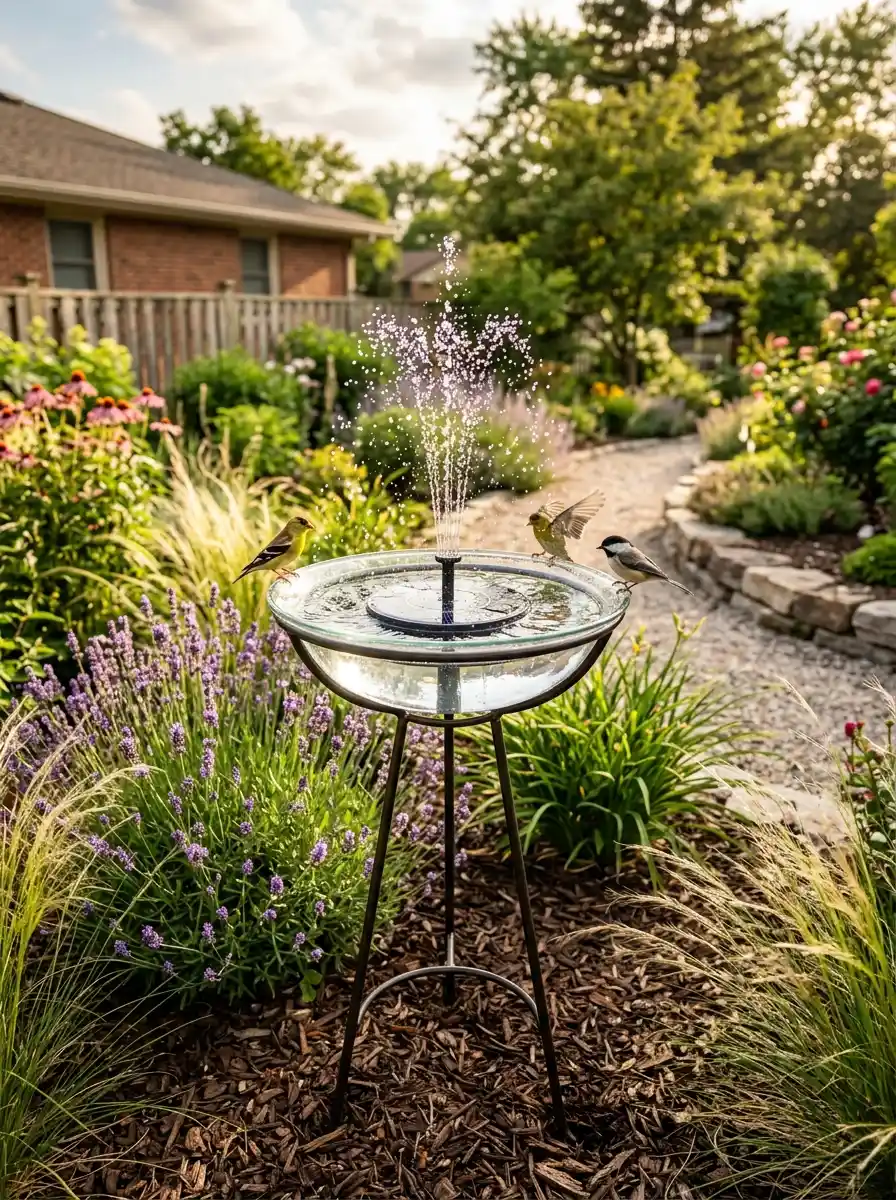 Modern solar-powered bird bath ideas fountain with glass bowl and gentle water spray surrounded by lavender and ornamental grasses