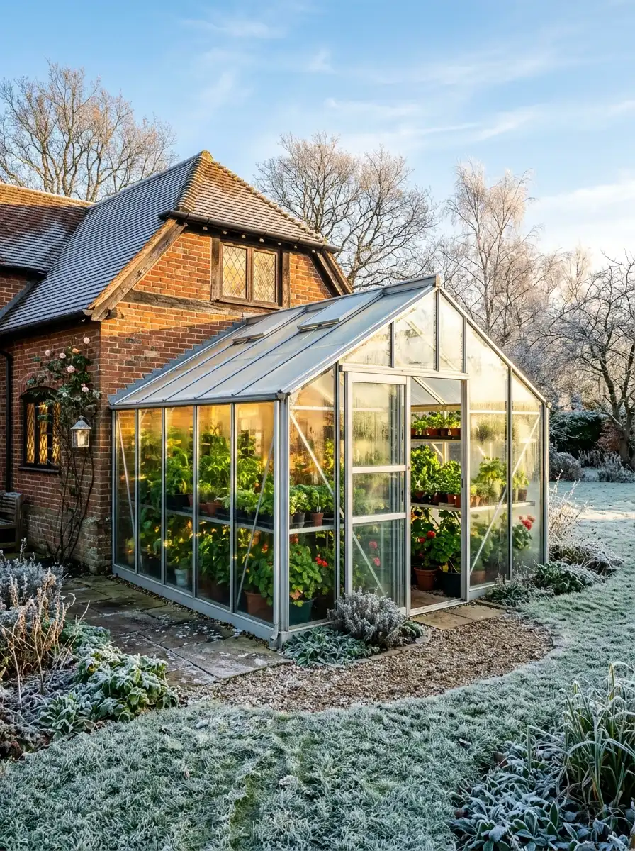 South-facing glass greenhouse attached to a house with winter morning sun flooding through clear panels and visible green plants inside