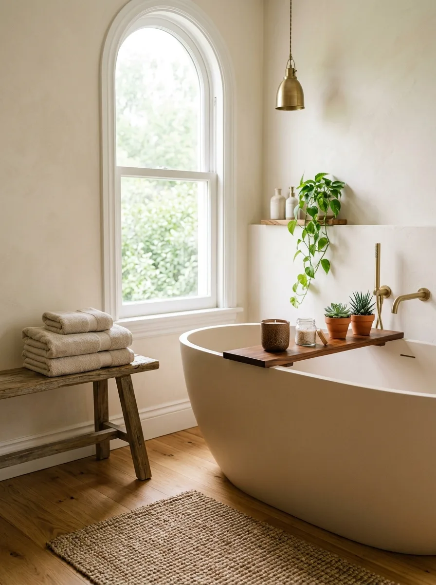 Spa-styled beige bathroom with teak bath tray and brown ceramic candle in a Brown and Beige Bathroom Ideas layered design