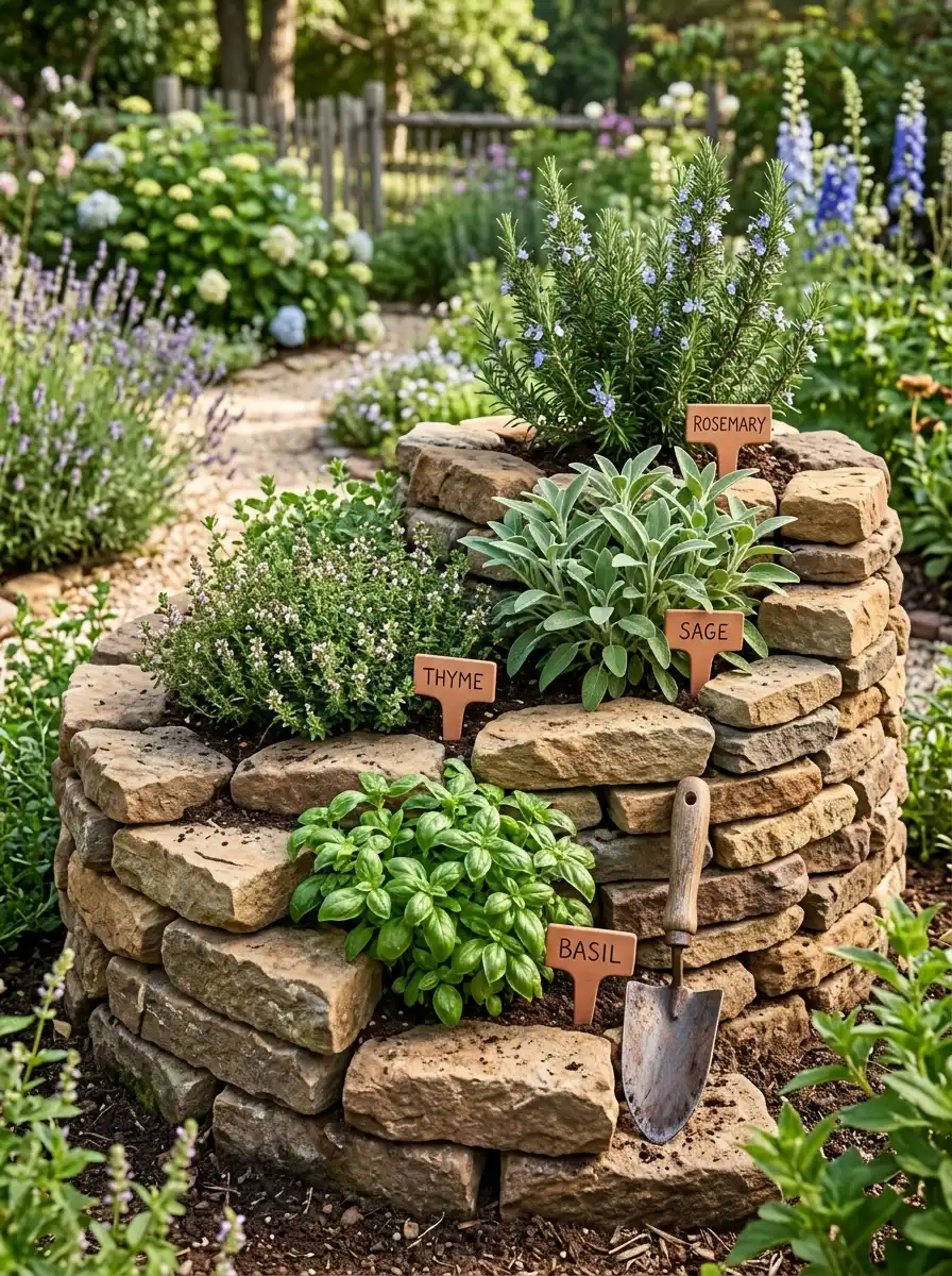 Stacked stone spiral herb garden planted with sage rosemary and thyme in a free-spirited bohemian outdoor garden