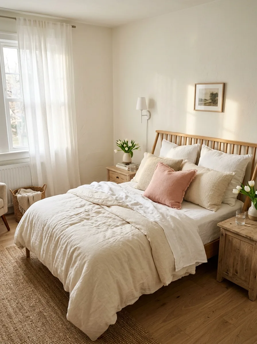 Bright bedroom featuring linen bedding, wooden bed frame, pastel cushions, bedside tables, and woven rug.