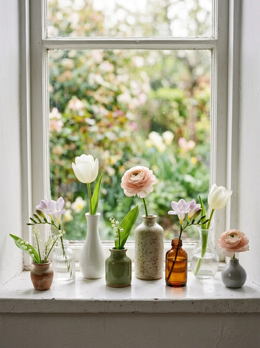 Collection of ceramic and glass bud vases displaying tulips and spring blooms on a bright window ledge.