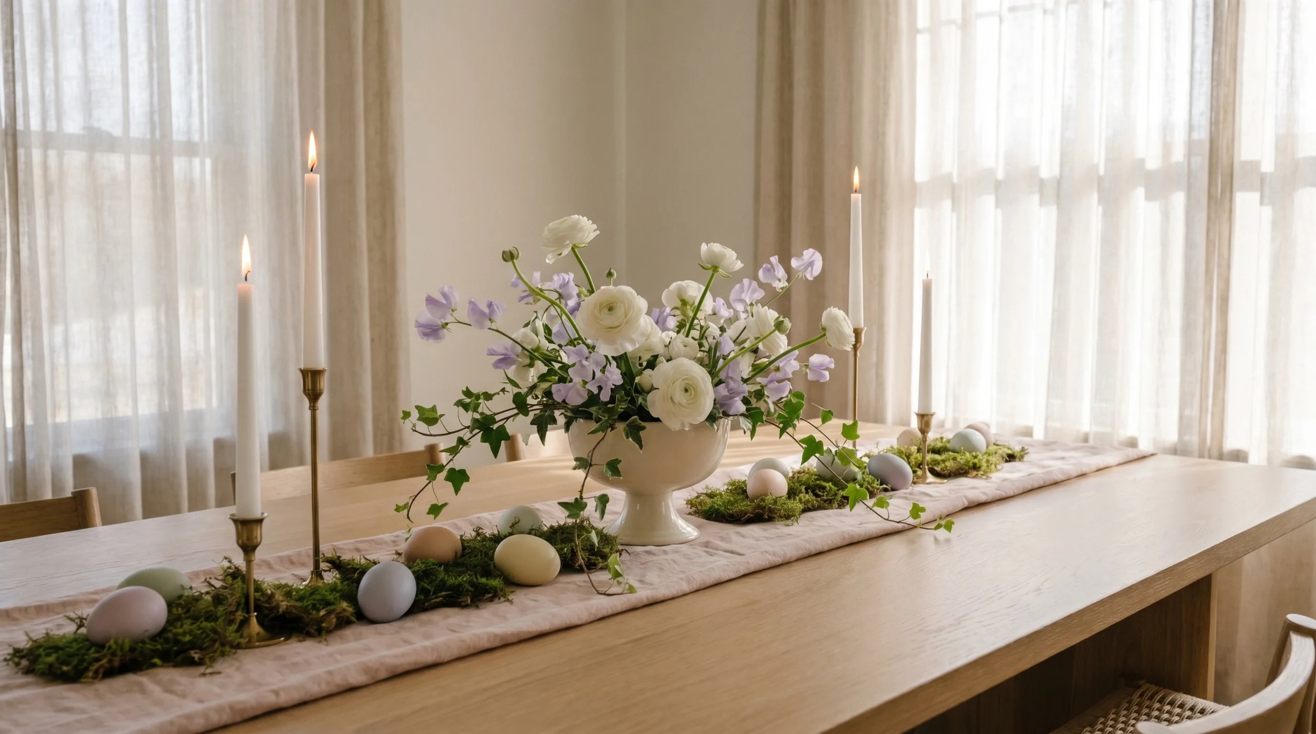 Light wood dining table styled with white flowers, moss runner, pastel eggs and taper candles in soft natural light.