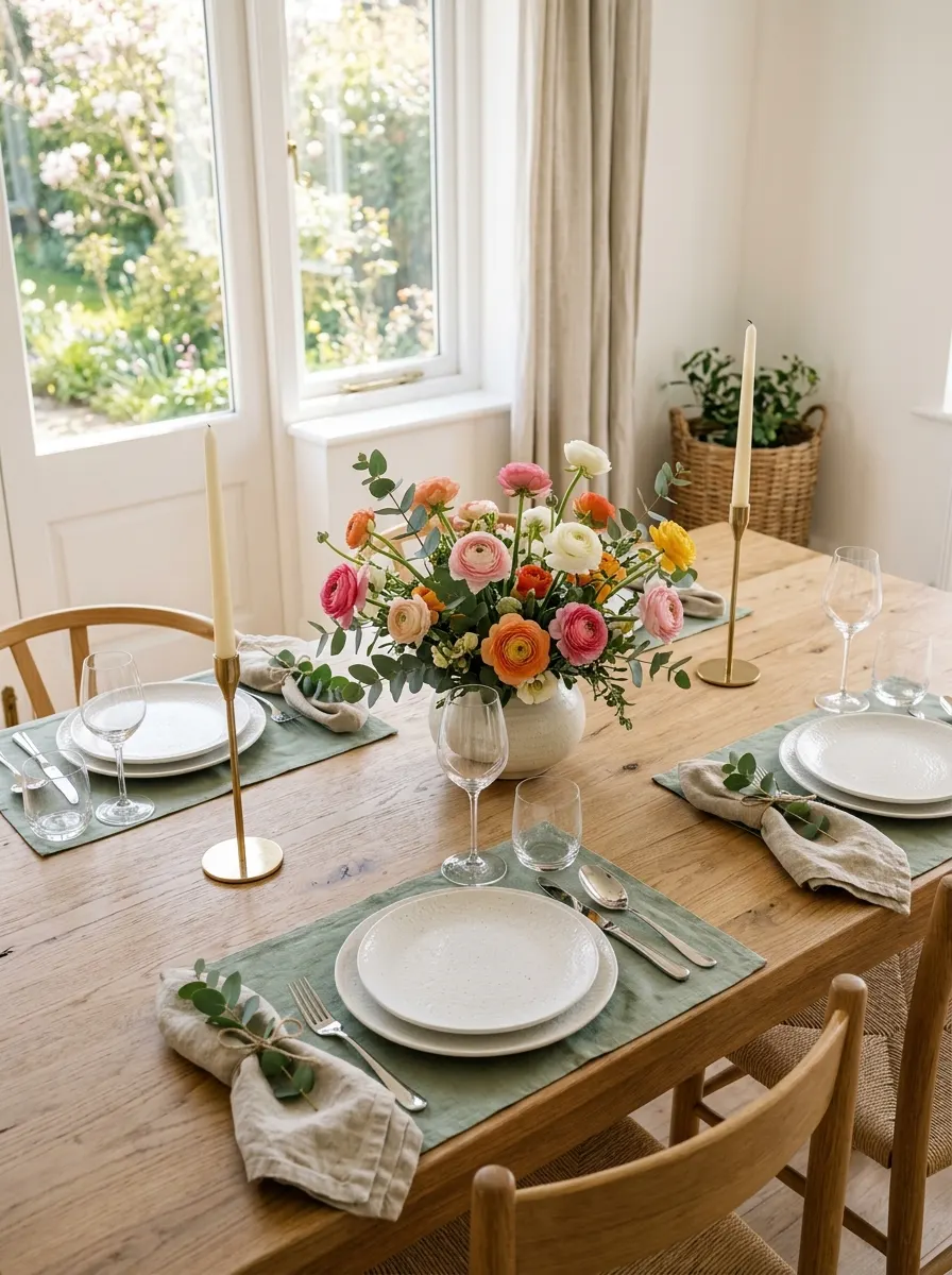 Wood dining table set for four with white plates, linen napkins, brass candlesticks, and colorful flowers.