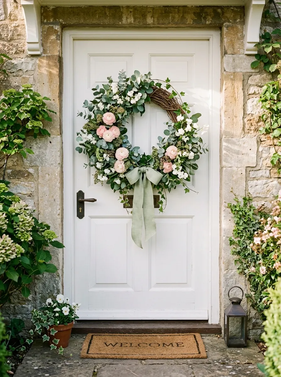 White entry door styled with a lush floral wreath, ribbon bow and surrounding garden plants in bloom.