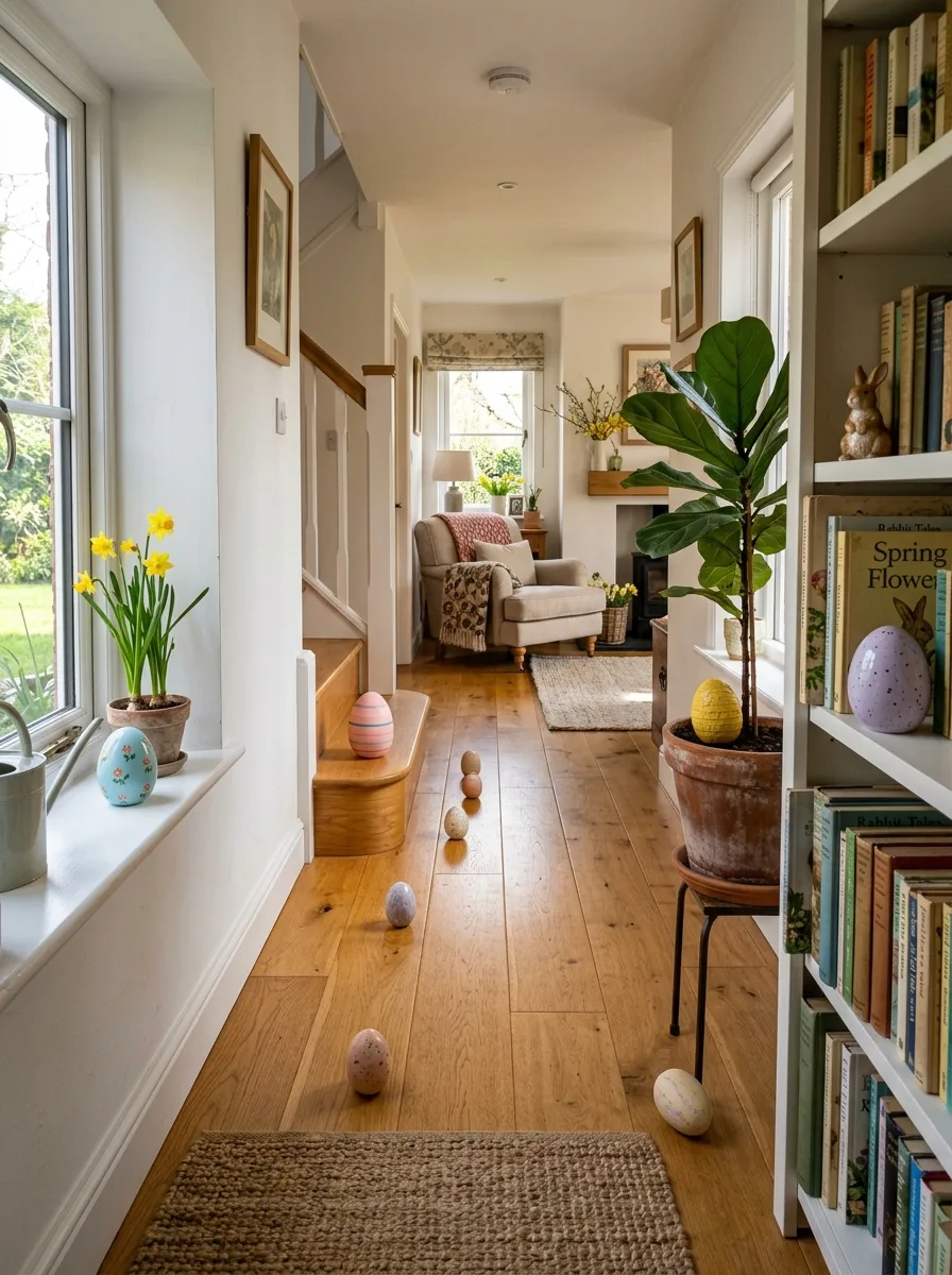 Bright hallway featuring potted plants, bookshelves and pastel Easter eggs placed along a wooden floor path.