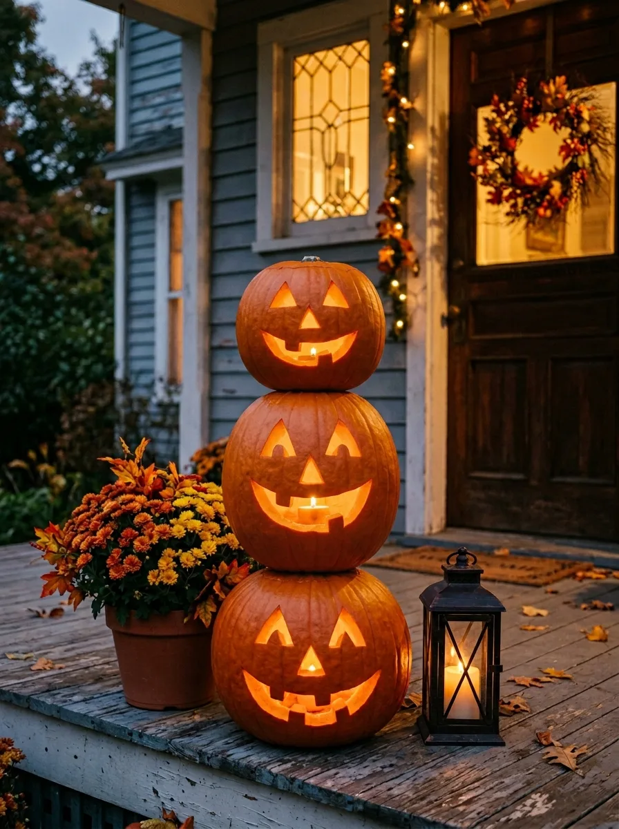 Three illuminated carved pumpkins stacked on a wooden porch beside a lantern, fall mums, and a warmly lit entry door.